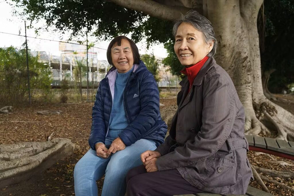 Two older women sitting in a park with a large tree in the background