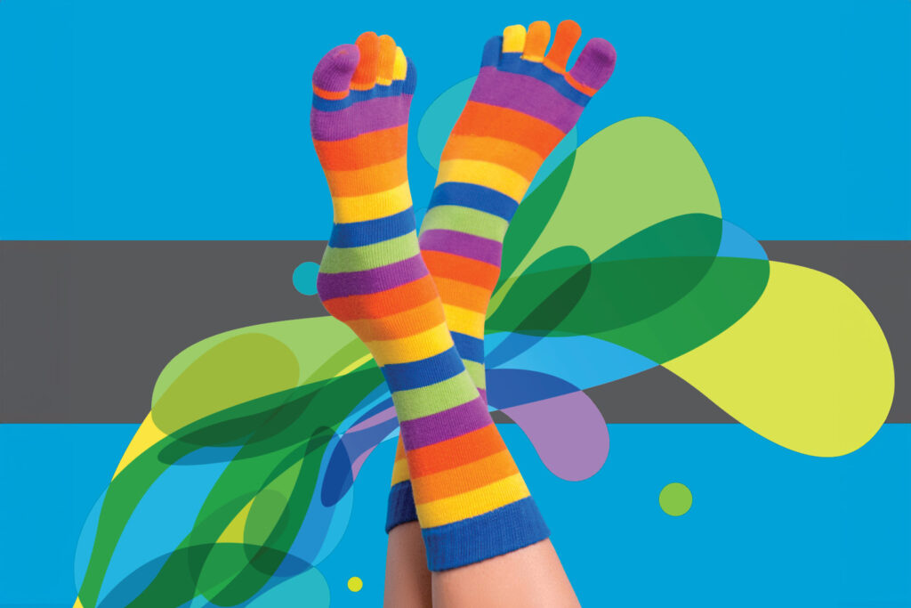 Colourful image with socks and the wellways splash.